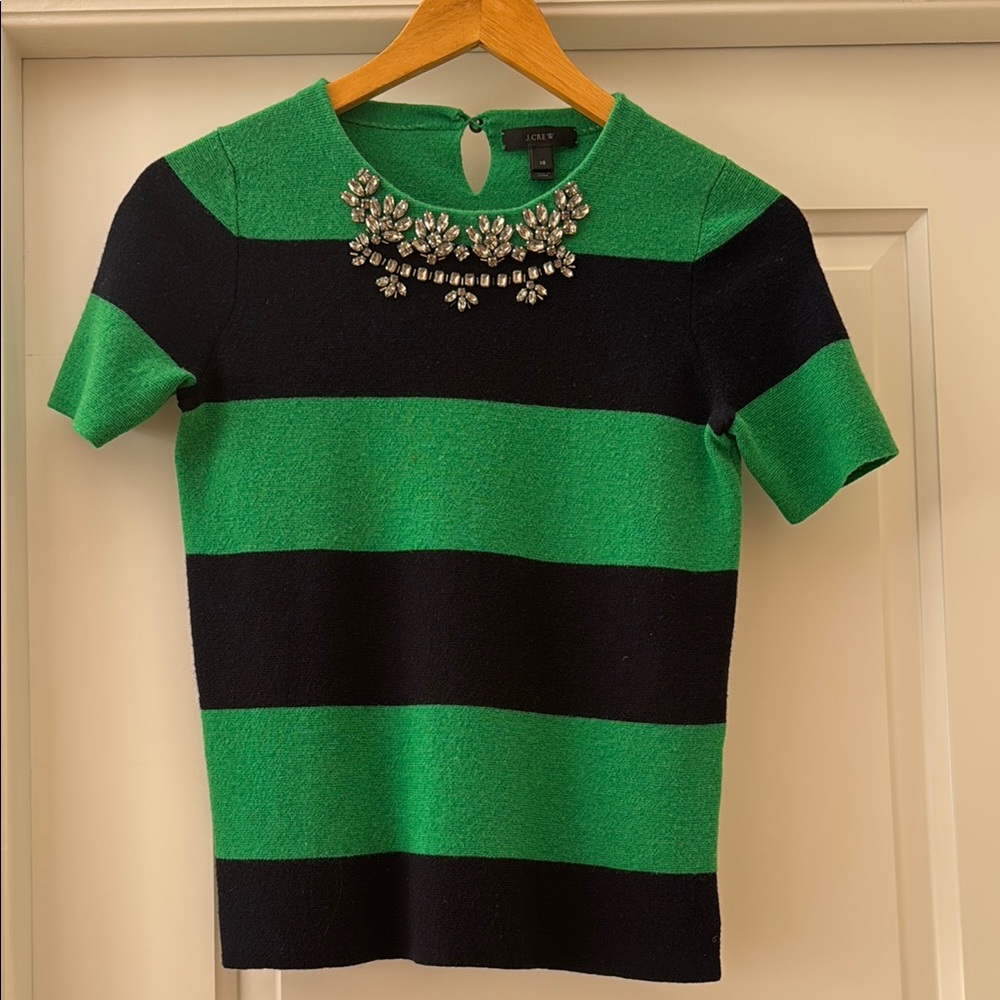 J.Crew Green and Black Striped Top with Embellished Neckline